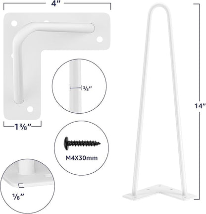 SMARTSTANDARD 14 Inch Heavy Duty Hairpin Furniture Legs, Metal Home DIY Projects for Nightstand, Coffee Table, Desk, etc with Rubber Floor Protectors White 4PCS