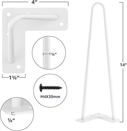SMARTSTANDARD 14 Inch Heavy Duty Hairpin Furniture Legs, Metal Home DIY Projects for Nightstand, Coffee Table, Desk, etc with Rubber Floor Protectors White 4PCS