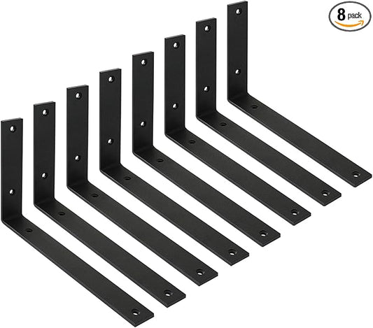 WINKER Shelf Bracket 8 Pack 10" Lx6 Hx1.5 W 5mm Thick Heavy Duty Black 10 Inch Brackets for Shelves Corner L Bracket for Wall Shelves Metal Iron Shelf Brackets