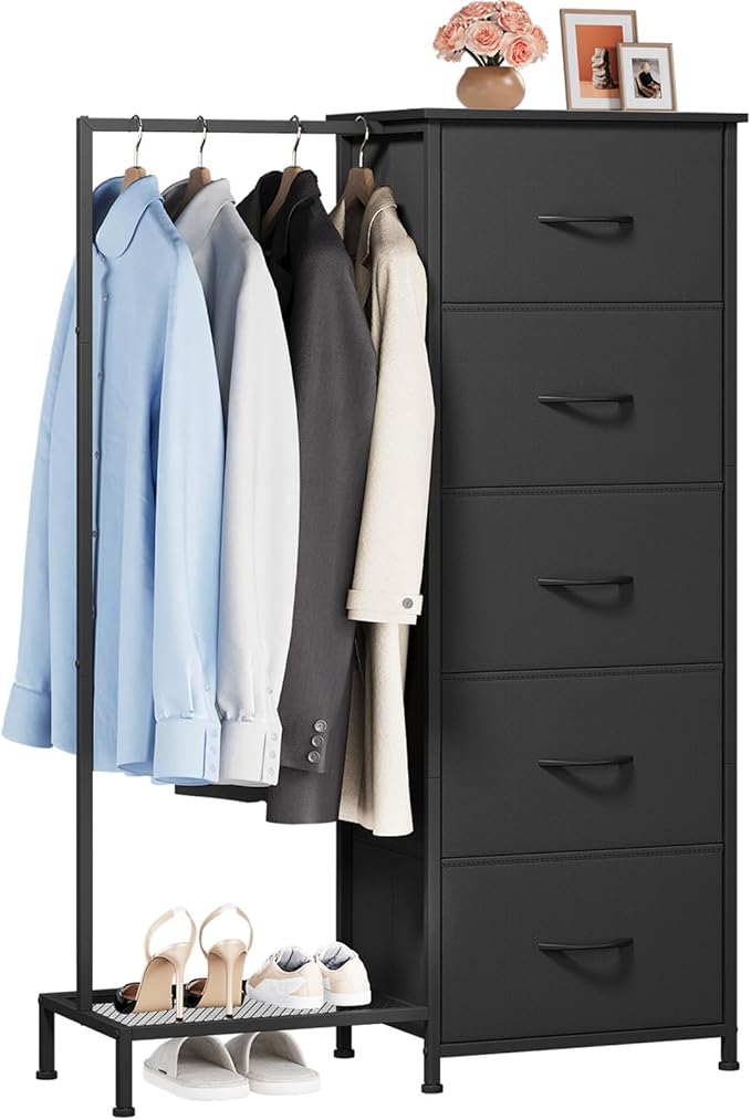 Somdot Dresser with Hanging Rack, 5 Drawers Small Closet for Bedroom, Reversible Dresser with Clothes Rack, Kids Dressers for Bedroom Chest of Drawers, Tall Storage Tower, Black