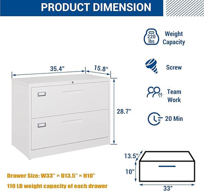 Lateral File Cabinet with Lock, 2 Drawer Large Metal Filing Cabinet,Home Office Lockable Storage Cabinet for Hanging Files Letter/Legal/F4/A4 Size-Assembly Required