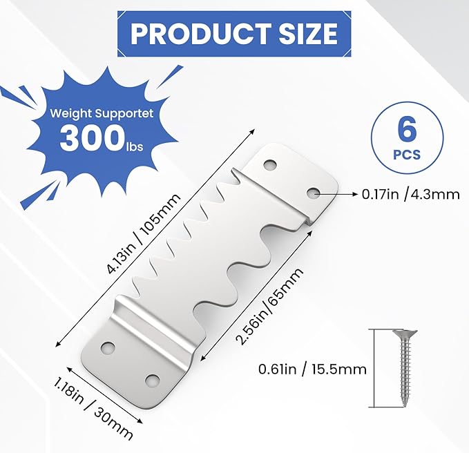 Aifeier ET 6PCS Large Sawtooth Picture Hangers Supports 300 lbs Heavy Duty Picture Hanging Hardware Picture Frame Bracket with Screws, Painting Hanging Accessories for Heavy Decorations(Silver)