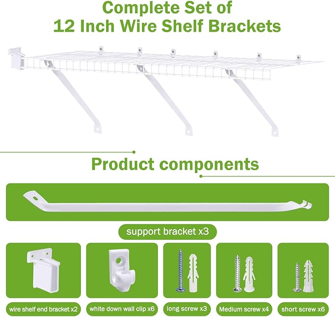 12 Inch Wire Shelf Brackets Set, 3 Pack Metal Shelf Supports + 6 Shelf Clips & 2 End Brackets, Wire Shelving Accessories for Wardrobe and Wall Bracket Installation