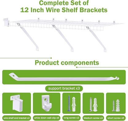 12 Inch Wire Shelf Brackets Set, 3 Pack Metal Shelf Supports + 6 Shelf Clips & 2 End Brackets, Wire Shelving Accessories for Wardrobe and Wall Bracket Installation