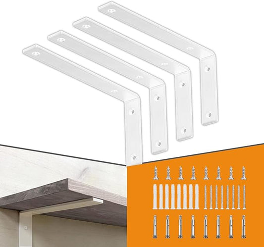 CLT White Shelf Bracket, 12” X 5” Quarter Inch (1/4") Thick- Max Load: 440 lb Rustic Industrial Modern Farmhouse Heavy Duty Cold Rolled Steel Bracket for Table Bench, Space Saving DIY, Pack of 4