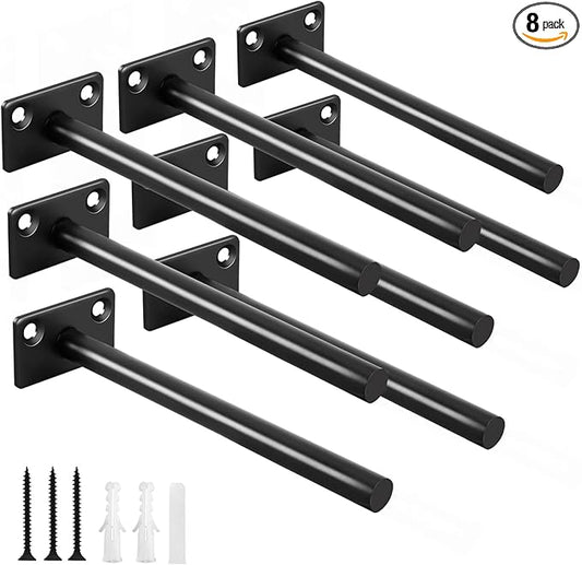 8 Pcs 6" Black Solid Steel Floating Shelf Bracket Blind Shelf Supports - Hidden Brackets for Floating Wood Shelves - Concealed Blind Shelf Support – Screws and Wall Plugs Included