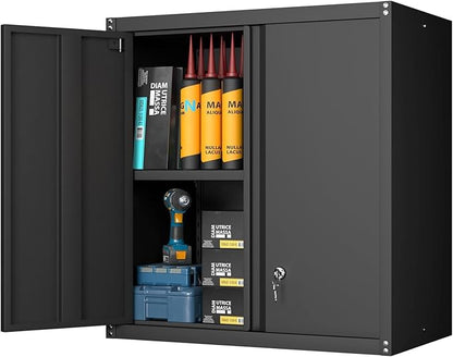 GREATMEET Locking Metal Wall Cabinets for Garage, Garage Cabinets Wall Mount, Steel Floating Hanging Storage Cabinet with Doors and Adjustable Shelf for Utility Room