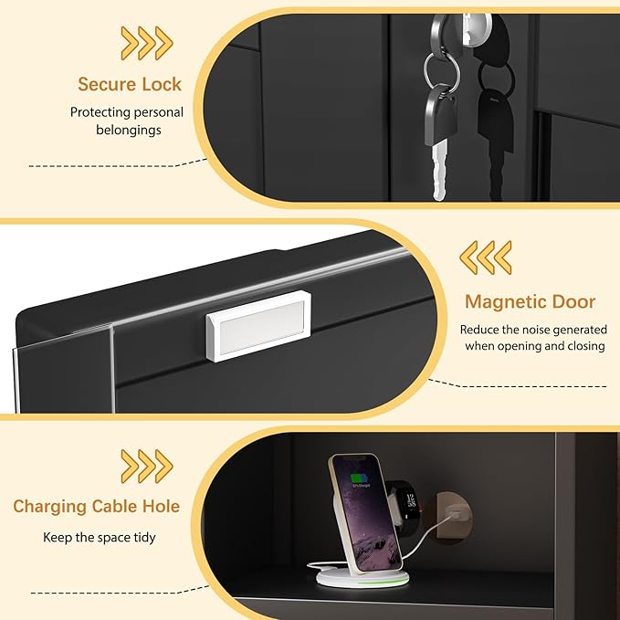 Tokawa Metal Black Locking Nightstand, 27.56" Locker with Magnetic Door and Adjustable Shelve, Small Locker Nightstand, Side Table Storage Cabinets for Bedroom, Living Room, Office