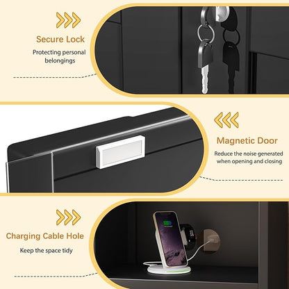 Tokawa Metal Black Locking Nightstand, 27.56" Locker with Magnetic Door and Adjustable Shelve, Small Locker Nightstand, Side Table Storage Cabinets for Bedroom, Living Room, Office