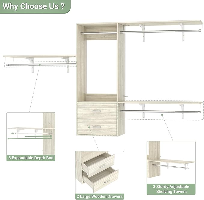 Cyclysio 8 FT Hanging Closet Organizer System, 96 Inch Closet System with Drawers, Walk in Closet System with 4 Adjustable Rods and 3 Shelving Towers for 4-8FT Spaces(Cut-to-Fit), Oak