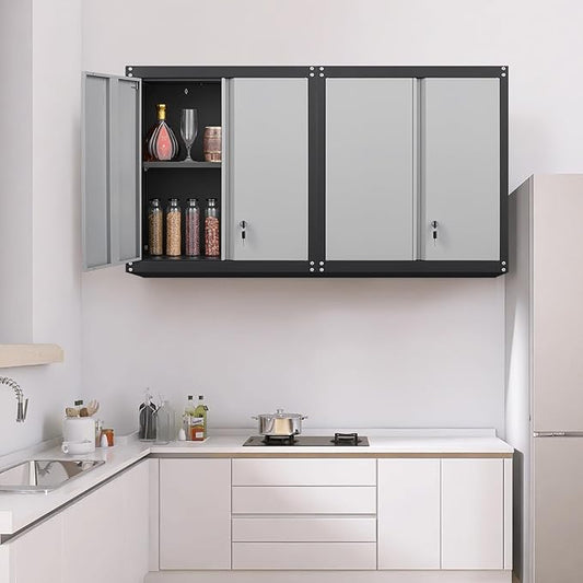 GREATMEET Lockable Storage Cabinet, Metal Garage Storage Cabinets, Metal Wall Cabinet for Garage, Wall Mount Cabinet with Lock and Adjustable Shelf, Floating, Black&Grey