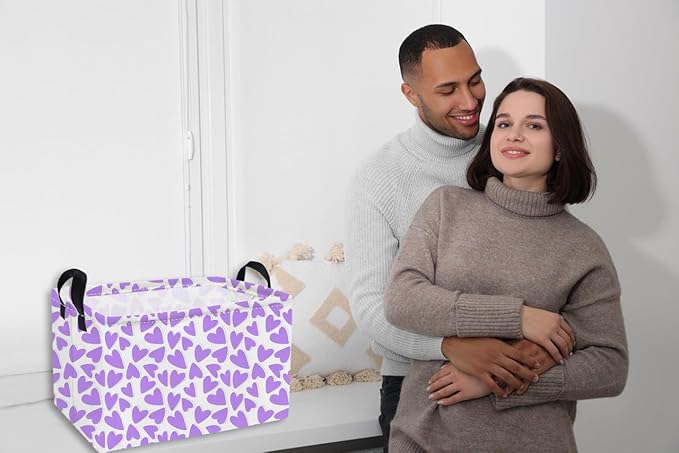 Essme Rectangular Valentine's Day Basket,Heart Storage Bins Organizer with Handles for Girls Room Decor, Gift Basket,Shelf Basket.(Purple heart)