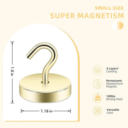 Neosmuk Magnetic Hooks, Cruise Ship Essentials, 100lb+ Heavy Duty Magnetic Hooks for Cruise Cabins, Refrigerator, Grill, Hanging, and Travel | Extra Strong Must-Haves Magnet Hook,Gold, 5 Pack