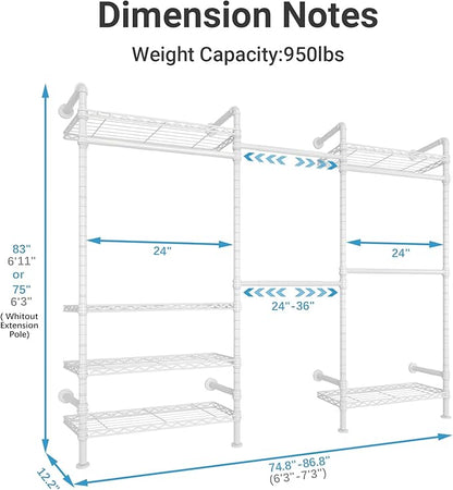 Timate F3 Garment Rack Heavy Duty Clothes Rack for Hanging Clothes, Expandable Industrial Pipe Wall Mounted Clothing Rack, Adjustable Storage Closet Wardrobe Closets System, White