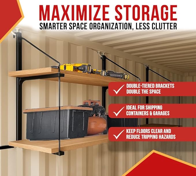 Mytee Products 8 Pack 2 Tier Shipping Container Shelving Bracket with Hooks - 19-3/4"x34, 550 lbs WLL - Black Powder Coated Steel for Heavy Duty Trailer Containers - Easy to Assemble & Remove