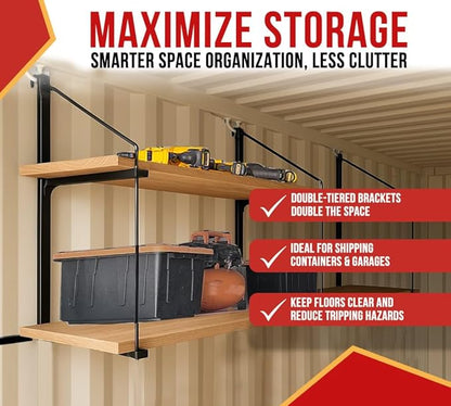Mytee Products 2 Tier Shipping Container Shelving Bracket with Hooks - 19-3/4"x34, 550 lbs WLL - Black Powder Coated Steel for Heavy Duty Trailer Containers - Easy to Assemble & Remove
