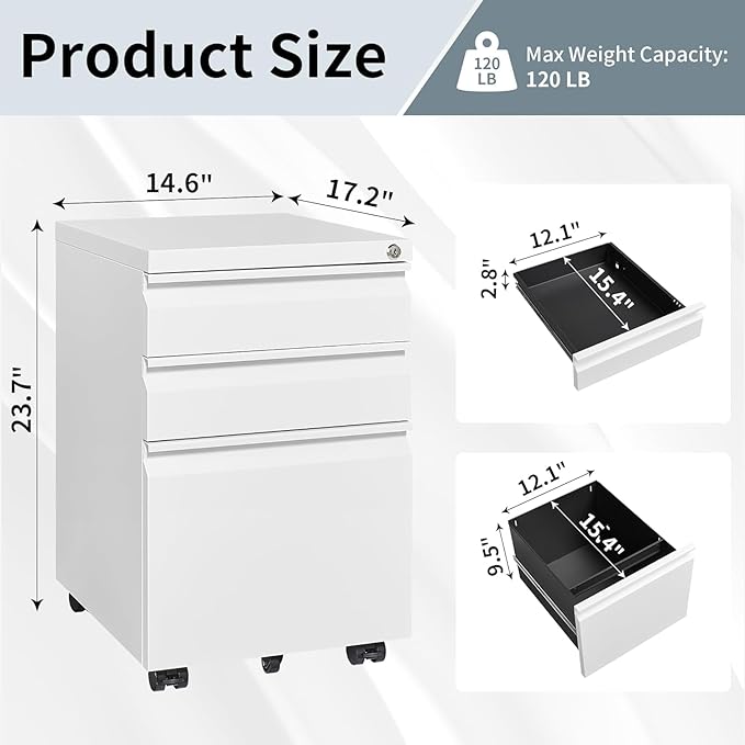 3 Drawer File Cabinet with Lock, File Cabinets for Home Office,Under Desk Cabinet, Locking File Cabinet for A4/Letter/Legal, Fully Assembled Expect Casters, Matte White
