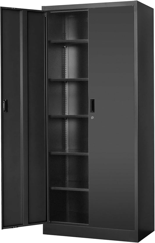 Metal Storage Cabinet, 71”H Metal Garage Cabinet with 5 Adjustable Shelves, Locking Storage Cabinets for Garage, Home, Office, Pantry(Black)