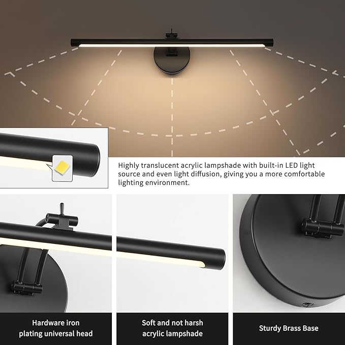 Picture Light Dimmable Hard Wired 23.62 Inch Adjustable Swing Arm Black Wall Lights for Pictures Led Display Light for Artwork 14W Warm White