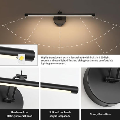 Picture Light Dimmable Hard Wired 23.62 Inch Adjustable Swing Arm Black Wall Lights for Pictures Led Display Light for Artwork 14W Warm White