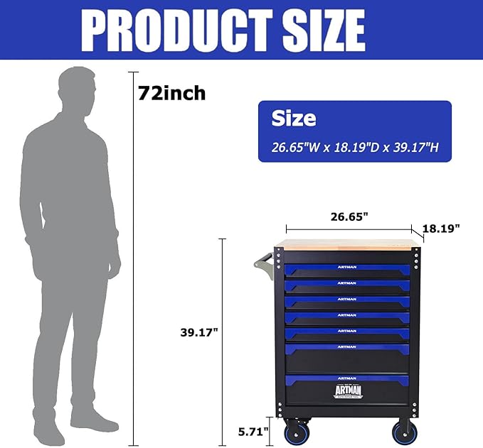 30 inch 7-Drawer Rolling Tool Chest with Wheels, Wood Countertop Heavy Duty Tool Cart, Locking System, Rolling Cabinet for Garage Warehouses, Repair Shops - Requires Assembly (Black&Blue)