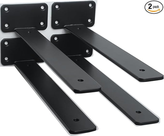2 Pack - 11 inch Black Hidden L Shelf Bracket (1/5 Inch Thicked) Iron Floating Shelf Brackets Rustic Industrial Metal Brackets for Shelf Support