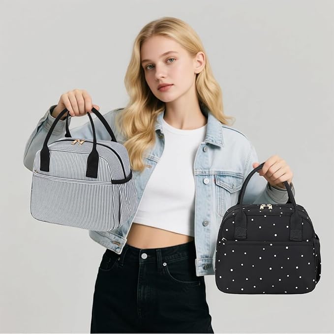 CAMTOP Lunch Box for Women Insulated Lunch Bag Lunchbox Cooler Thermal Leakproof Quilted Reusable Lunch Tote Bag for Work School Travel Picnic (Black White Dots)