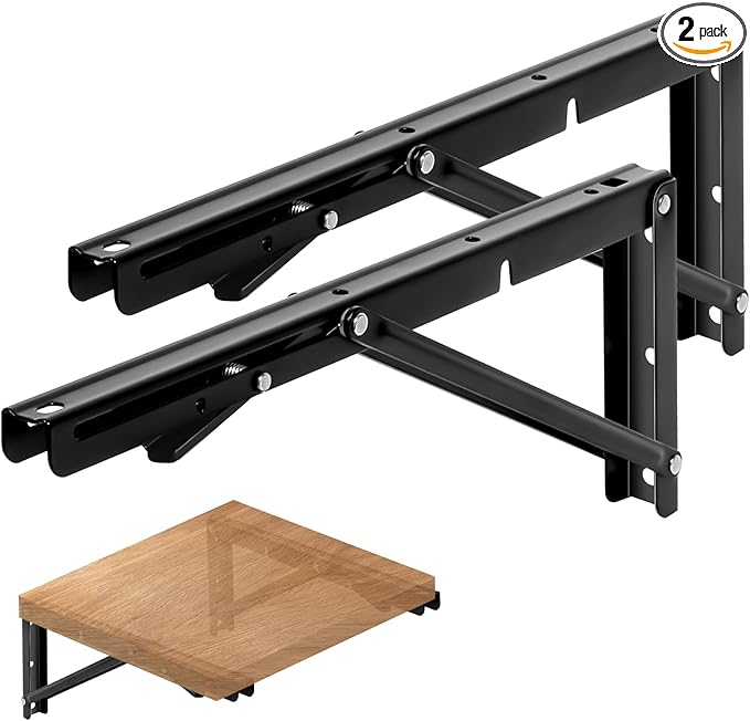 Heavy Duty Black Folding Shelf Brackets (Pack of 2) – 550 lb Max Load, Wall Mounted Space-Saving Brackets for Shelves, Tables, Workbench, DIY Storage – Sturdy Steel Construction