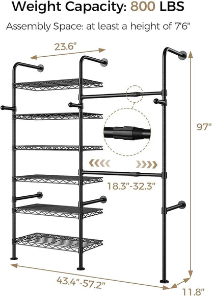 Closet Organizers and Storage, 2-Row Heavy Duty Garment Rack Clothes Rack for Hanging Clothes, Wall Mounted Closet System with 2 Telescopic Rods, 3 Hooks, 6 Shelves for Wardrobe, Bedroom, Small Space