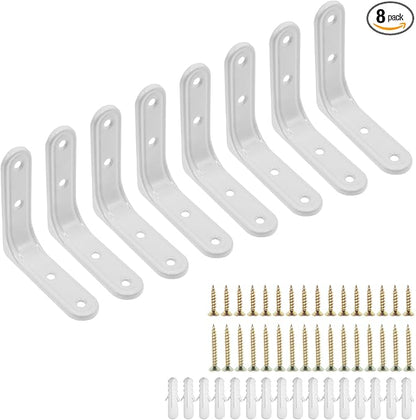8pcs 3 Inch Heavy Duty L Brackets - 90 Degree Wall Mount Right Angle Corner Braces for Shelves, Wood, Cabinets - White Powder Coated Steel Shelf Supports with Mounting Screws Included