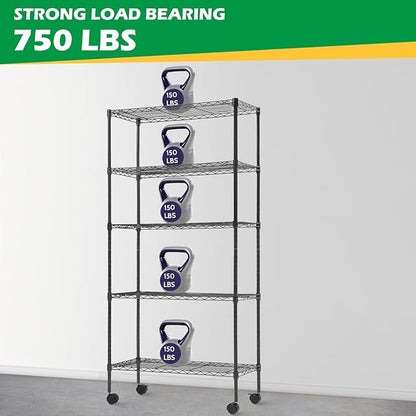 PayLessHere | 5-Tier Wire Shelf with Wheels | 14"x30"x60" | Black | Adjustable Racks | Heavy-Duty Storage Shelves, Holds Upto 220 lbs | Rust-Resistant, No-Tool Assembly | for Home, Garage Shelving