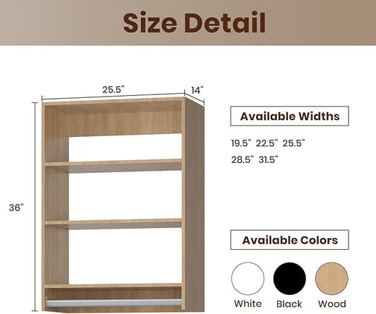 ROOMTEC 25.5" Medium Hanging Closet Unit, Modular Closet System with Hanging Rod, Wardrobe Organizer for Bedroom or Walk-in Closet, Wall Mounted, Customizable Clothes Storage Unit, Wood