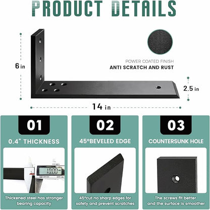 Countertop Support Brackets 2 Pack L Bracket Countertop Brackets 14" x 6" x 2.5" Heavy Duty 3/8" Thick Shelf Brackets Metal Corbels L Shape Bracket for Wood Shelf/Quartz/Granite/Concret Countertops