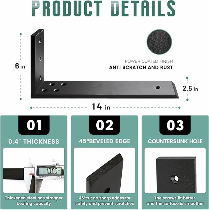 Countertop Support Brackets 3 Pack L Bracket Countertop Brackets 14" x 6" x 2.5" Heavy Duty 3/8" Thick Shelf Brackets Metal Corbels L Shape Bracket for Wood Shelf/Quartz/Granite/Concret Countertops