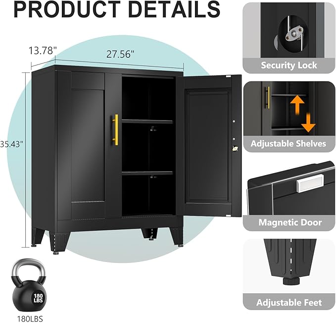 35.43" Metal Storage Cabinet with Lock, Metal File Cabinet with 2 Doors ＆ 2 Adjustable Shelves, Steel Locker Utility Tool Garage Cabinets for Home, Office, Warehouse (Black)
