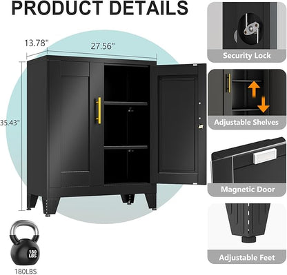 35.43" Metal Storage Cabinet with Lock, Metal File Cabinet with 2 Doors ＆ 2 Adjustable Shelves, Steel Locker Utility Tool Garage Cabinets for Home, Office, Warehouse (Black)
