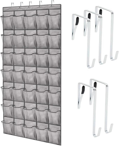 GORILLA GRIP Over the Door Shoe Organizer, 35 Large Breathable Mesh Pockets, Space Saving Hanging Storage Holder, 5 Hook Closet Rack Hanger, Hangs on Closets for Shoes, Accessories 68.5H x 24.5W Grey