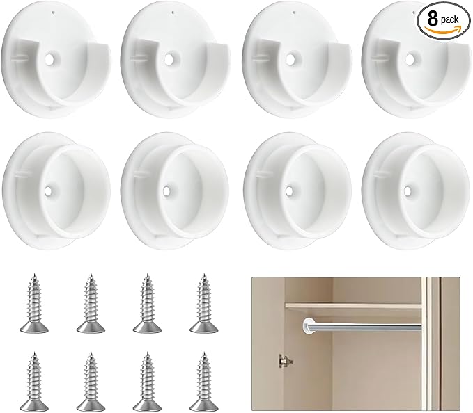 HOME MASTER HARDWARE Plastic Closet Pole Socket,1-3/8'' Closet Rod Holders, White U-Shaped Open Type Socket Bracket,Wardrobe Bracket, Shower Curtain Rod Pole End Supports Sockets Flange, 4 Set