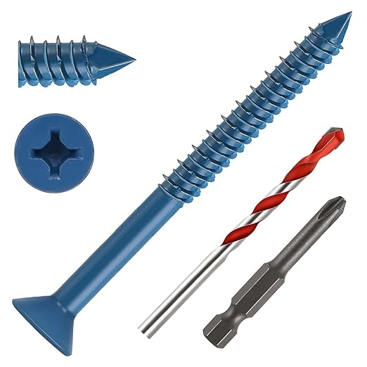 3/16" x 3-1/4" Concrete Screws, 50 PCS Blue Flat Head Concrete Screws Anchor Kit for Masonry, Cement, Block, Brick or Stucco