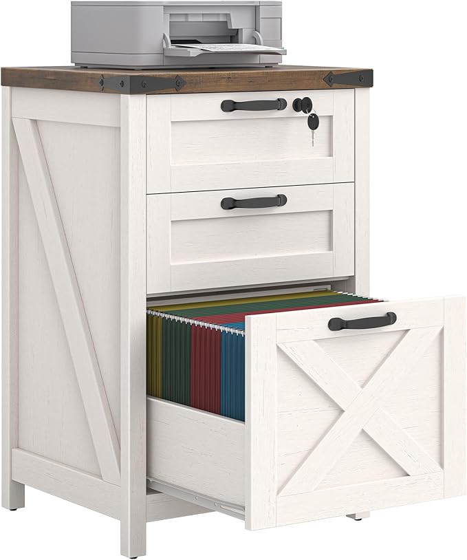 3 Drawer Small File Cabinet with Lock, Farmhouse Vertical Filing Cabinet Fits Letter and A4 Size, Under Desk Wooden File Cabinets for Home Office, Printer Stand, Rustic White