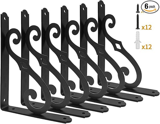 Yarssihha 5 Inch Decorative Shelf Brackets, 6 Pack Wall Mounted Metal Shelving Brackets, Heavy Duty Shelf Supports, Rustic L Shape Brackets for Floating Shelves DIY Home Kitchen, with Screws