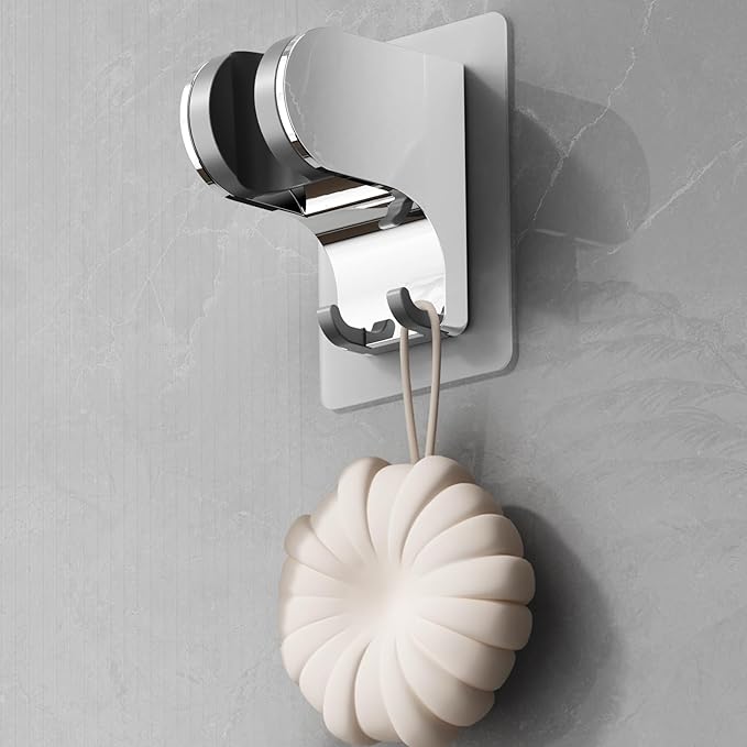 Hand Held Shower Head Holder Wall Mount, Shower Hose Holder Adhesive with 2 Hanger Hooks, Adjustable Shower Handle Holder, No Drilling Shower Wand Holder (‎Chrome, 1 Pack)