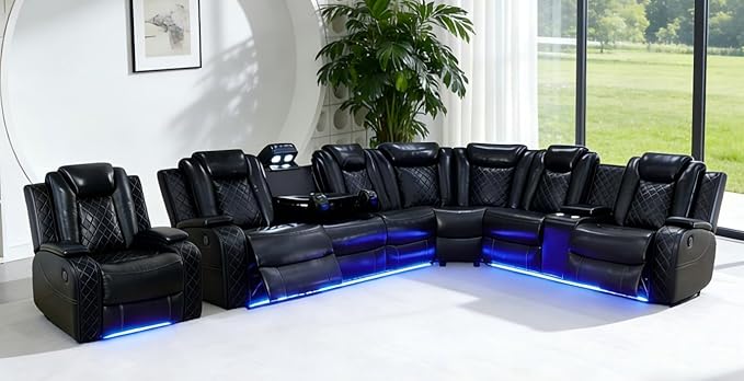 Power Recliner Sofa Set, Power Sectional Sofa for Living Room, Black Breathing Leather Sectional Couch, Loveseat and Chair Sets with LED, USB Charging, Cup Holders, Storage for House/Office