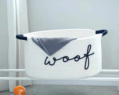 Woof Dog Toy Basket Woven Pet Baskets Storage Bin Box with Durable Handles, Pet Supplies Puppy Bins Perfect for Organizing Dog Toys Blankets and Accessories