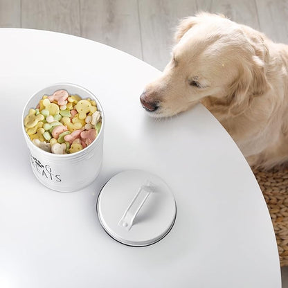 Small Dog Treat Container Airtight - 6" Tall X 4.9" Round White Dog Treat Jar for Kitchen Counter - Rustic Treat Storage Canister for Dogs, Cats, Small Animals - Gifts for Pet Owners