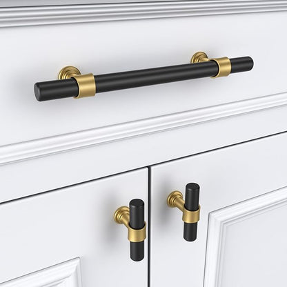 Goldenwarm 5 Pack Black and Gold Cabinet Knobs Black Drawer Knobs Gold Cabinet Handles Kitchen Dresser Handles T Bar Hardware