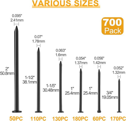 KURUI Black Nails for Hanging Wall Decor Tapestry Pictures Frame,700pc Picture Hangers for Bedroom Bathroom Office, 6 Sizes Small Finish Nails Assortment Kit,640 Frame Nails and 60 Finishing Nails