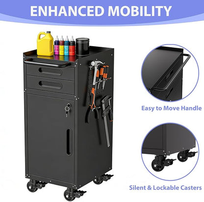 Metal Garage Storage Cabinet on Wheels, Lockable Rolling Tool Cabinet with Doors and 2 Drawers, Heavy Duty Mobile Steel Cabinet for Garage Warehouse Workshop