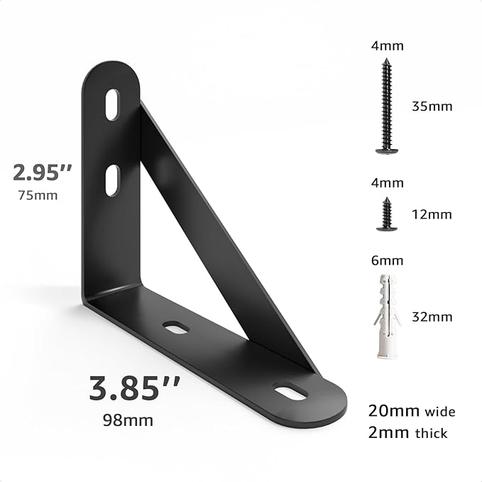 4x3 Shelf Brackets 6-Pack, Shelf Support Shelf Holder Steel Wall Mount Heavy Duty Small L Shape Triangle 90 Degree Metal Black with Screws Anchors Soporte de Estante