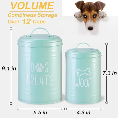 Dog Treat Container Airtight, Dog Treat Jar Set of 2 with Lid - 9x5.5''&7x4'' Metal Dog Cookie Jar for Farmhouse Kitchen Counter, Green Pet Treat Container, Dog Treat Storage Container for Dogs, Cats